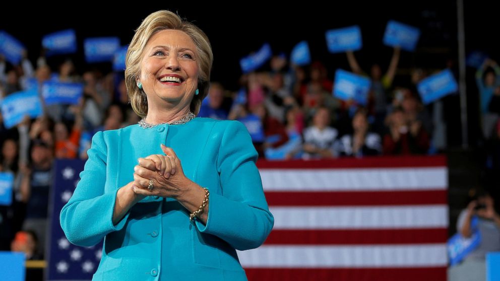 Hillary Clinton takes the stage at a campaign rally in Cleveland, Ohio, Nov. 6, 2016. 