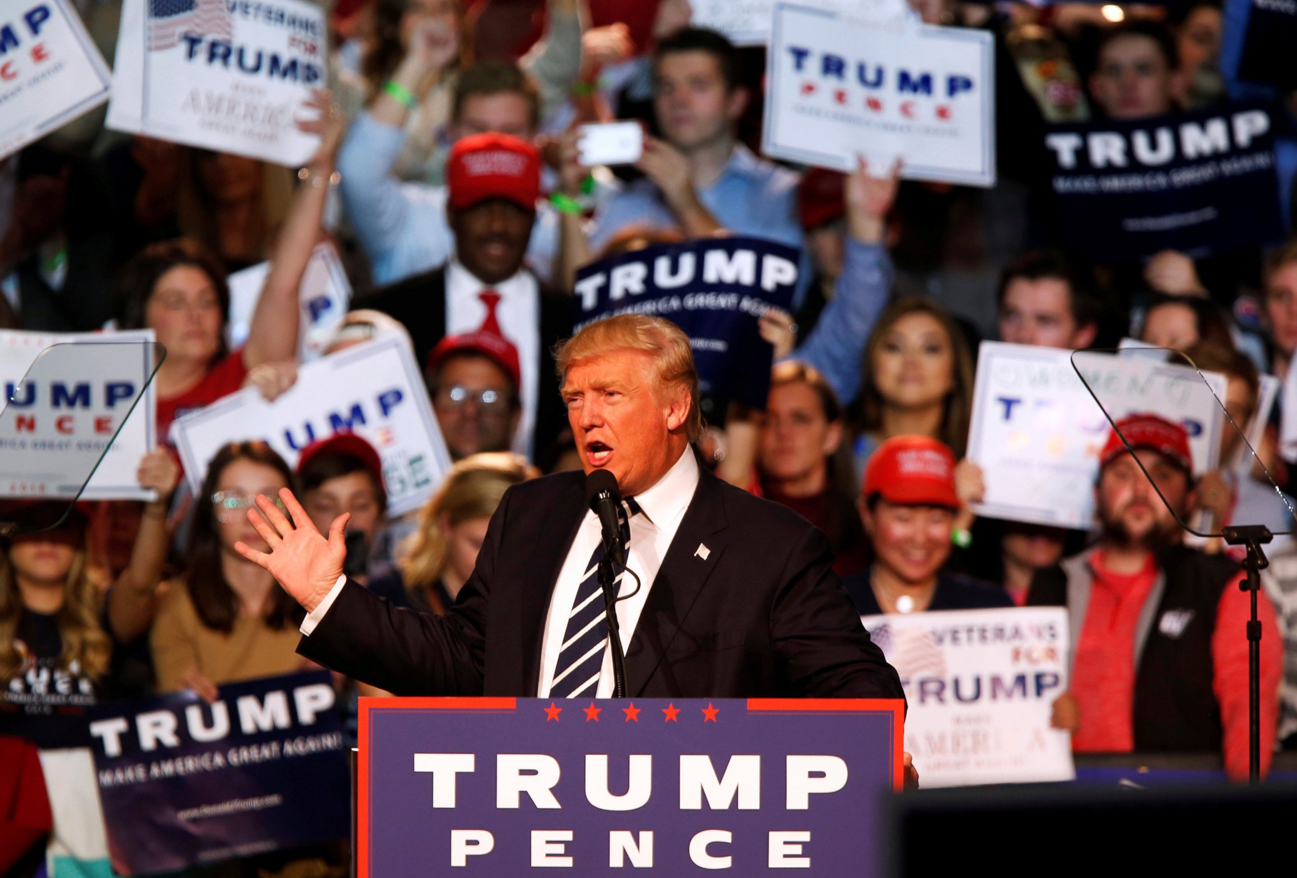 PHOTO: Republican presidential nominee Donald Trump speaks at his final campaign event at the Devos Place in Grand Rapids, Michigan, Nov. 8, 2016.  