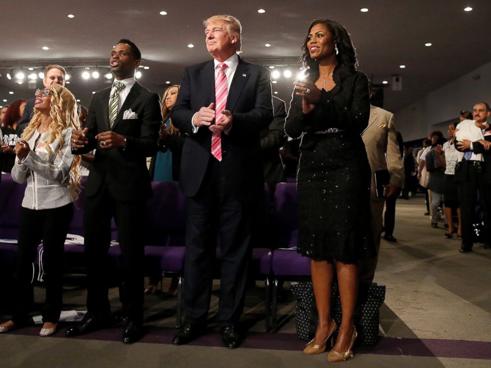 PHOTO: Republican presidential nominee Donald Trump and Omarosa Manigault attend a church service, in Detroit, Michigan, Sept. 3, 2016.