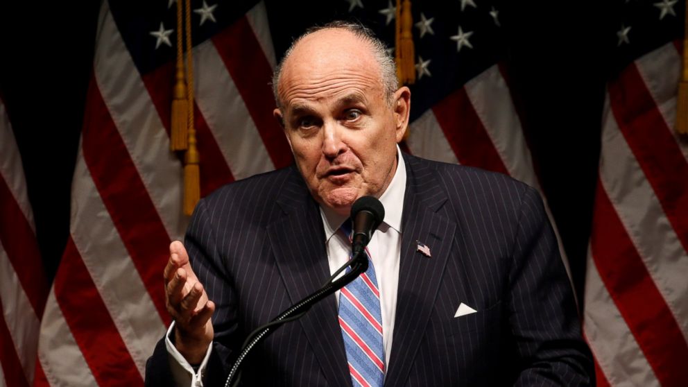 Former New York Mayor Rudy Giuliani delivers remarks before Republican presidential nominee Donald Trump rallies with supporters in Council Bluffs, Iowa, Sept. 28, 2016. 
