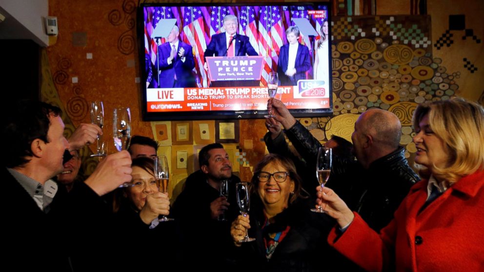 Residents celebrate during the U.S. presidential election in Melania Trump's hometown of Sevnica, Slovenia, Nov. 9, 2016.