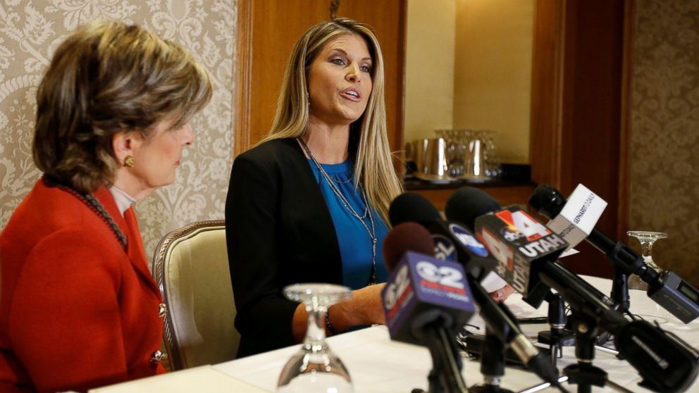 PHOTO: Temple Taggart, (R), Miss Utah 1997, with her attorney Gloria Allred, (L), talks to the press about allegations against Donald Trump on Oct. 28, 2016, in Salt Lake City, Utah.  