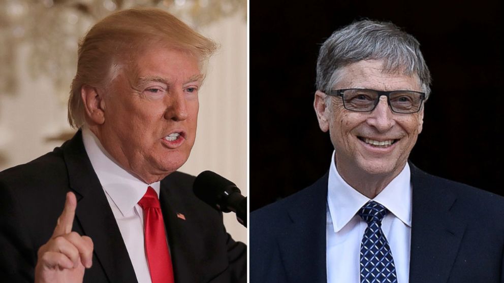 President Donald Trump in Washington, Feb. 16, 2017; Bill Gates at the Royal Palace in Brussels, Feb. 16, 2017.