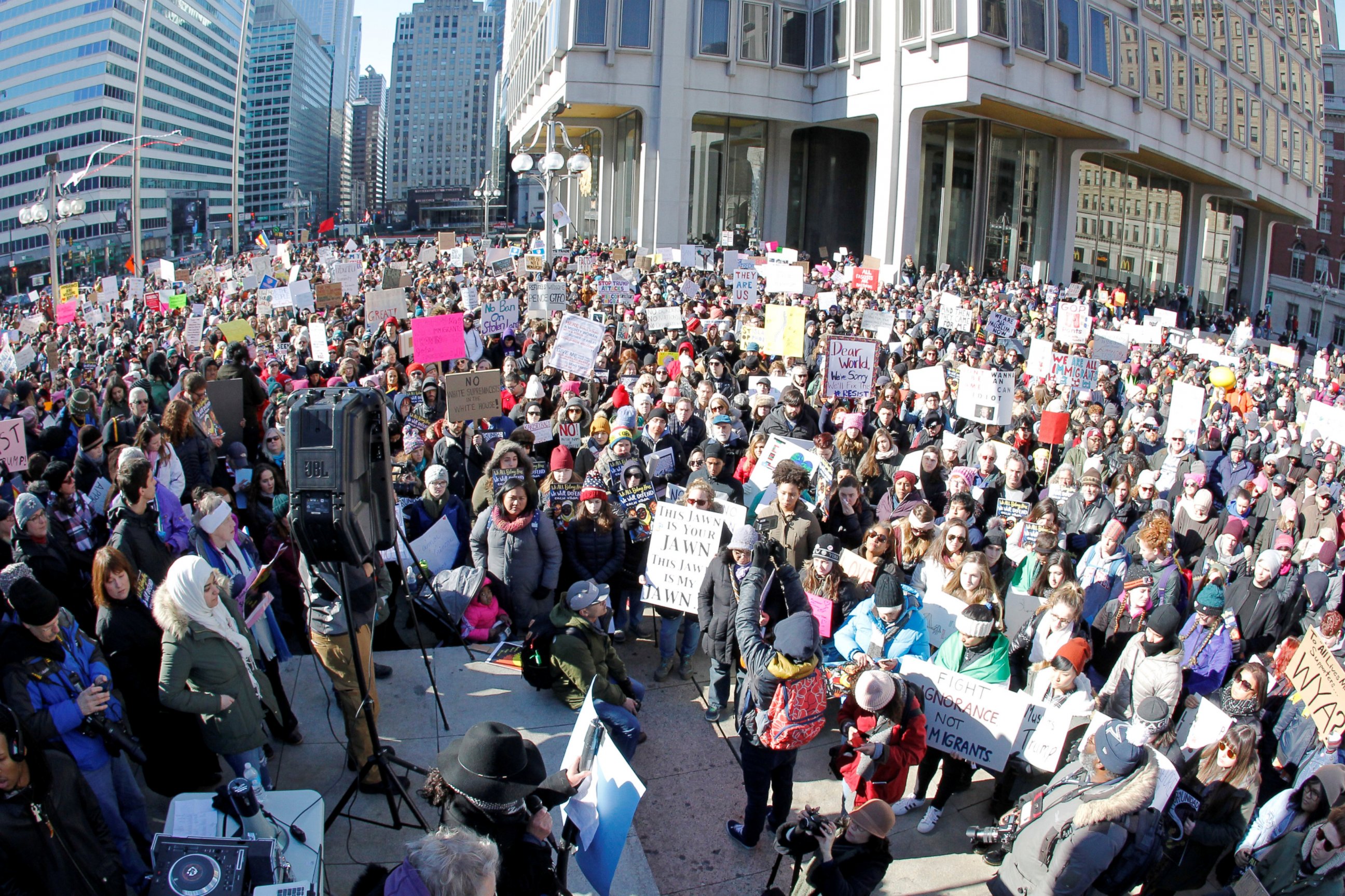 PHOTO: Demonstrators gather to protest against President Donald Trump's executive order banning refugees and immigrants from seven primarily Muslim countries from entering the United States during a rally in Philadelphia, Feb. 4, 2017.