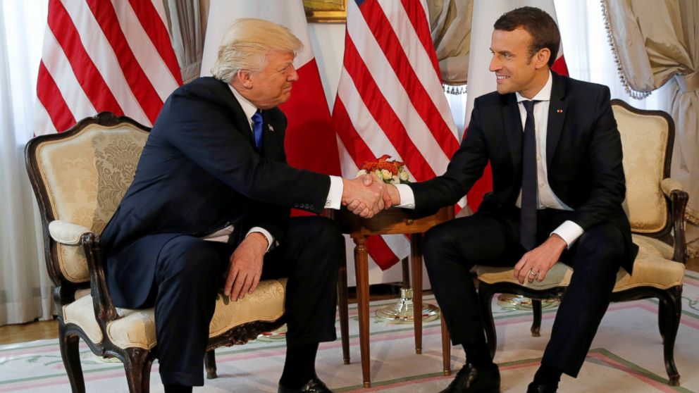 PHOTO: President Donald Trump and French President Emmanuel Macron shake hands before a lunch ahead of a NATO Summit in Brussels, Belgium, May 25, 2017.