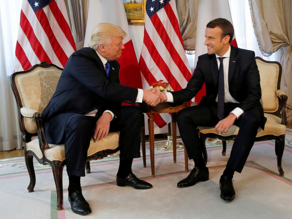 PHOTO: President Donald Trump and French President Emmanuel Macron shake hands before a lunch ahead of a NATO Summit in Brussels, Belgium, May 25, 2017.