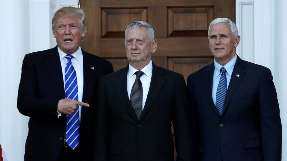 PHOTO: President-elect Donald Trump (L)  and Vice President-elect Mike Pence (R) greet retired Marine General James Mattis for a meeting at the main clubhouse at Trump National Golf Club in Bedminster, New Jersey, Nov. 19, 2016.  