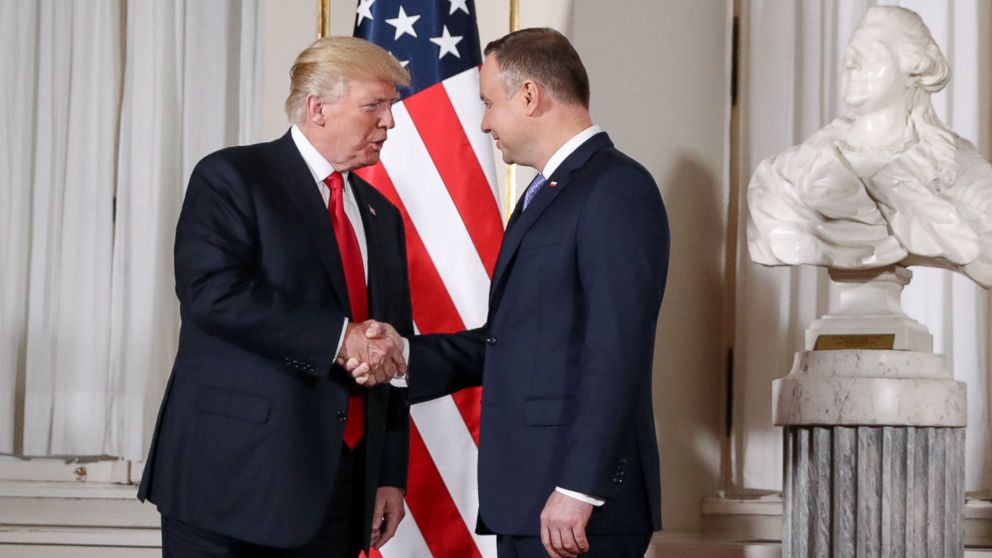 President Donald Trump shakes hands with Polish President Andrzej Duda in Warsaw, Poland July 6, 2017.