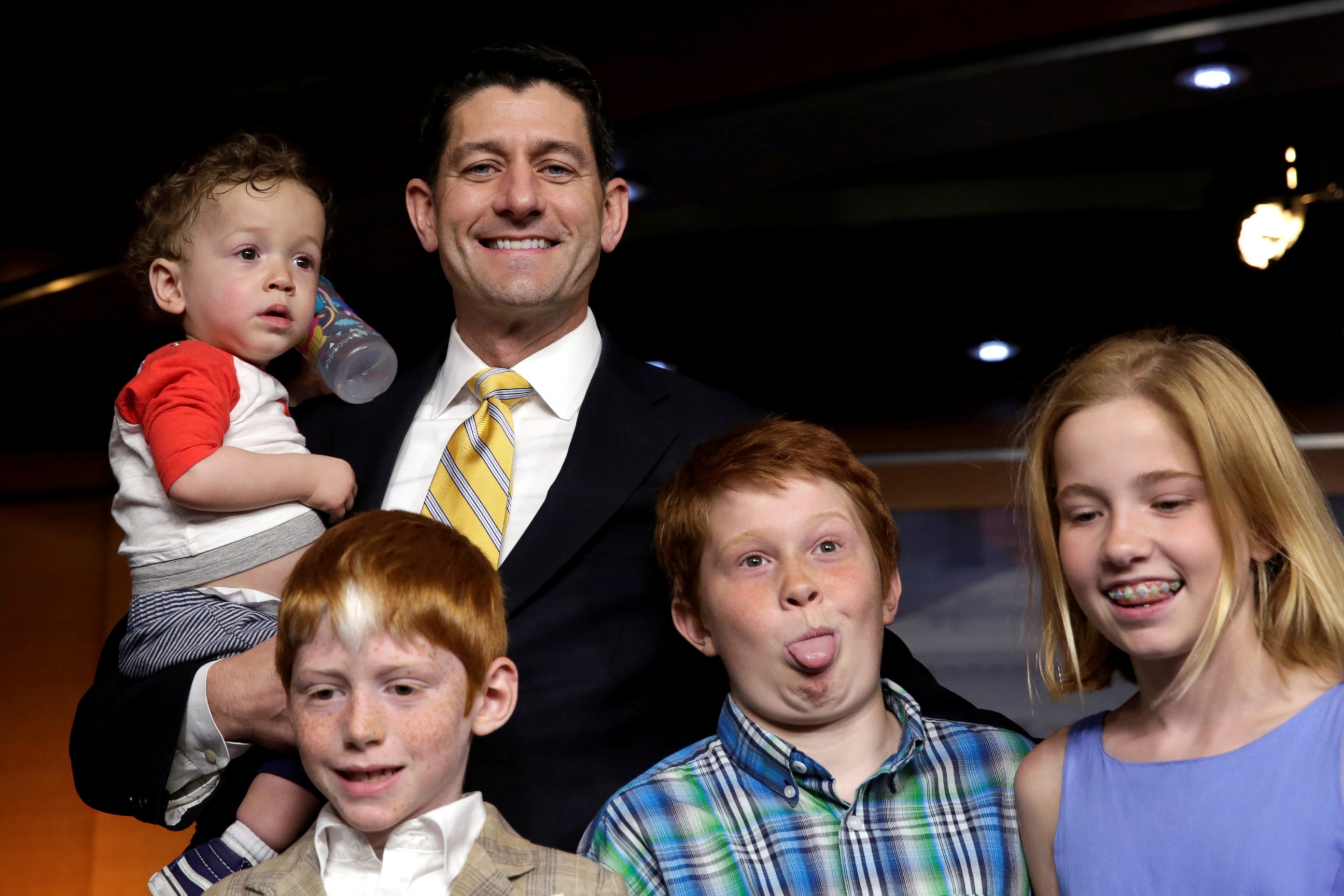 PHOTO: U.S. House Speaker Paul Ryan poses for a photo with children of members of the press during "Take Our Daughters and Sons to Work Day" on Capitol Hill in Washington, April 27, 2017. 