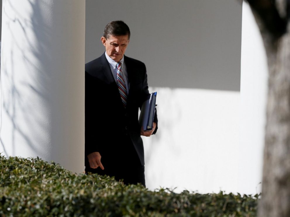 PHOTO: White House National Security Advisor Michael Flynn walks down the White House colonnade on the way to Japanese Prime Minister Shinzo Abe and President Donald Trumps joint news conference at the White House, Feb. 10, 2017.