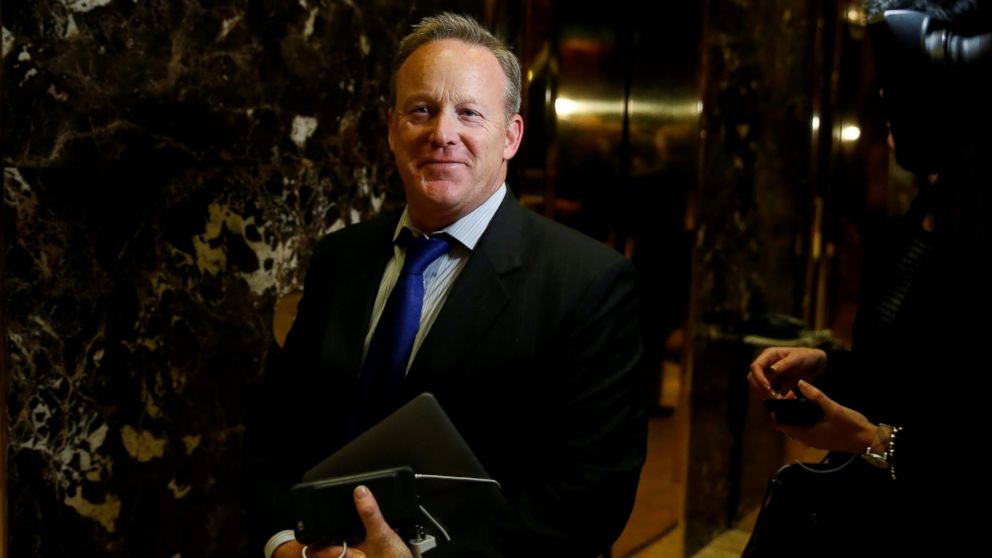 Sean Spicer, shown arriving in the lobby of Trump Tower in New York, N.Y.,November 14, 2016. 