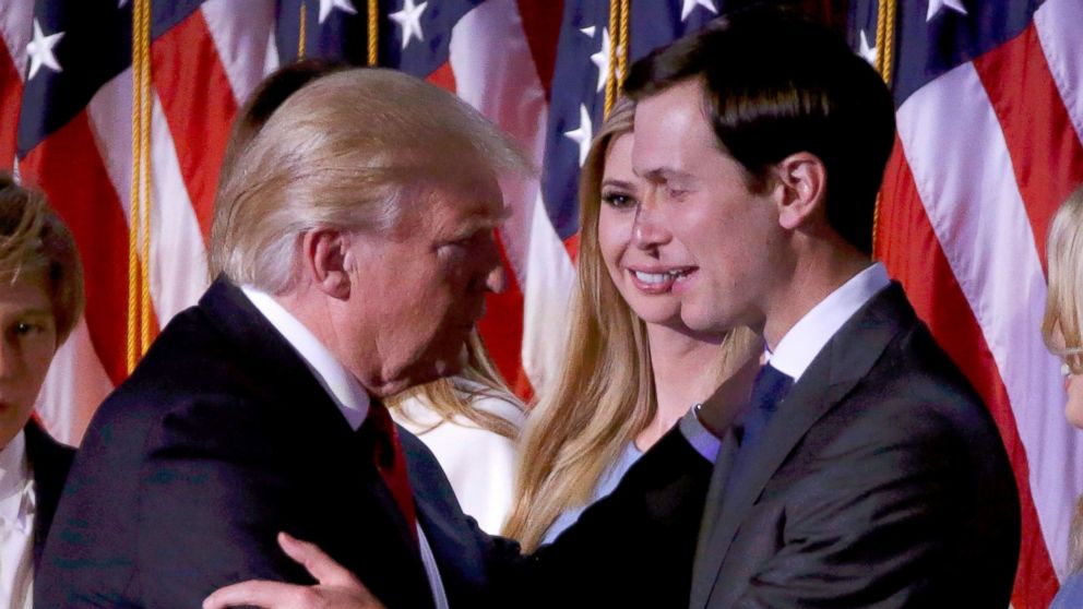 President-elect Donald Trump greets his daughter Ivanka and son in law Jared Kushner at his election night rally in New York City, November 9, 2016.