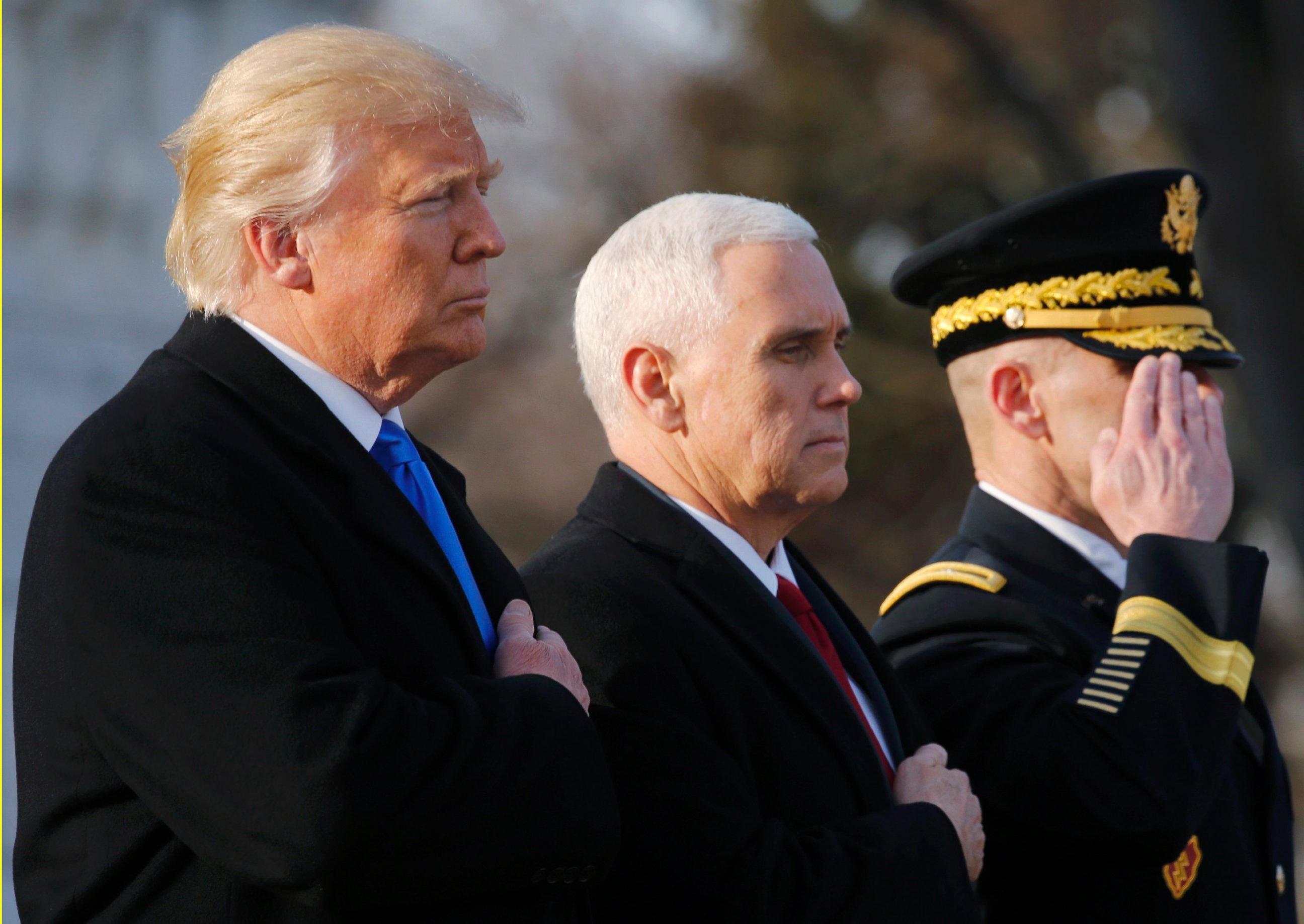 PHOTO: President-elect Donald Trump and Vice President-elect Mike Pence participate in a wreath laying ceremony at Arlington National Cemetery, Jan. 19, 2017.