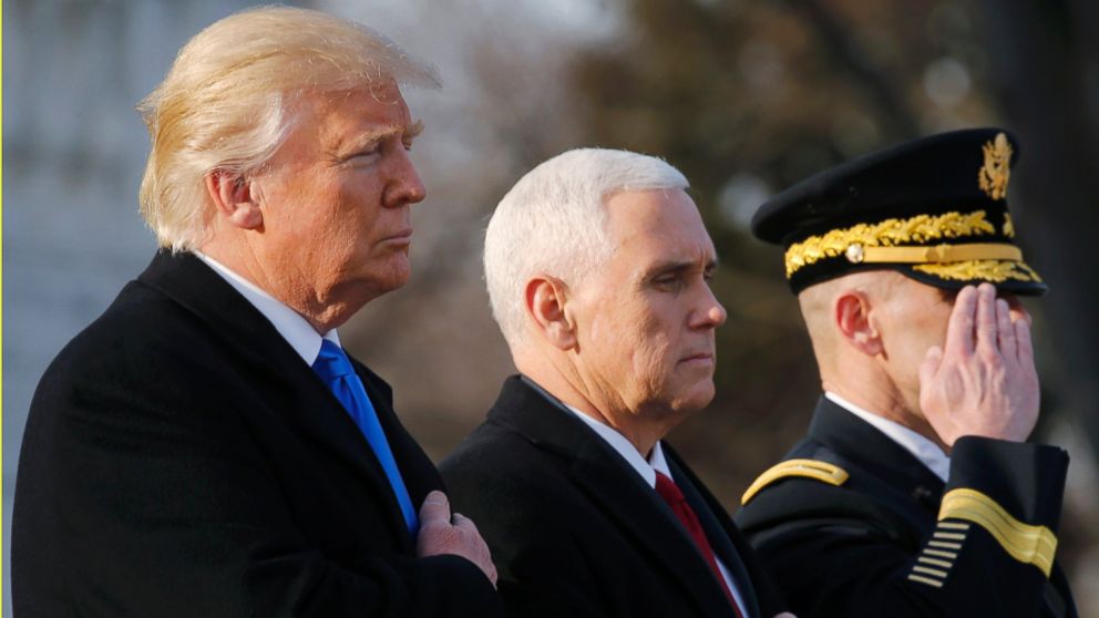 PHOTO: President-elect Donald Trump and Vice President-elect Mike Pence participate in a wreath laying ceremony at Arlington National Cemetery, Jan. 19, 2017.