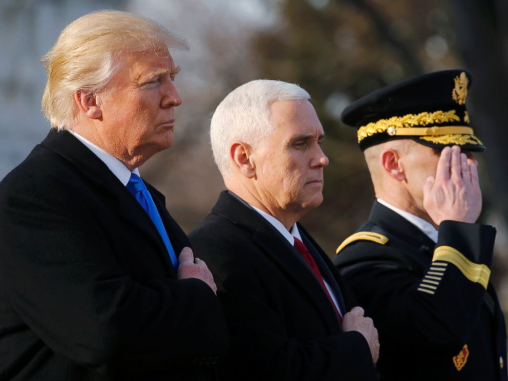 PHOTO: President-elect Donald Trump and Vice President-elect Mike Pence participate in a wreath laying ceremony at Arlington National Cemetery, Jan. 19, 2017.