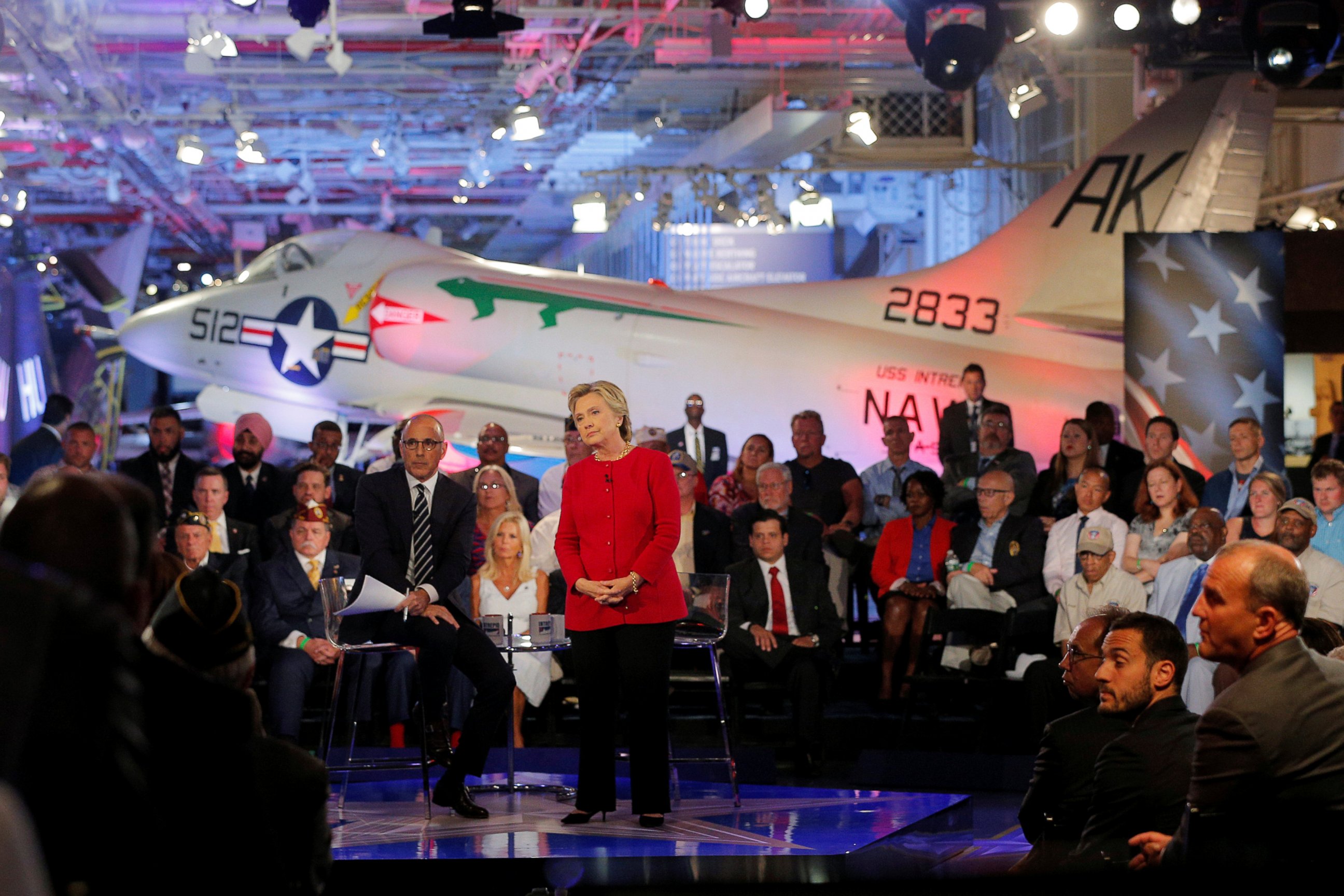 PHOTO: U.S. Democratic presidential candidate Hillary Clinton speaks at a presidential candidates "Commander-in-Chief" forum, moderated by Matt Lauer (L), aboard the decommissioned aircraft carrier "Intrepid" in New York, New York, September 7, 2016.