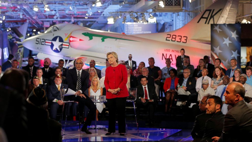 PHOTO: U.S. Democratic presidential candidate Hillary Clinton speaks at a presidential candidates "Commander-in-Chief" forum, moderated by Matt Lauer (L), aboard the decommissioned aircraft carrier "Intrepid" in New York, New York, September 7, 2016.