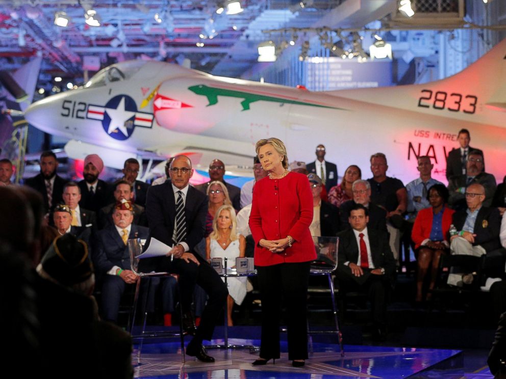 PHOTO: U.S. Democratic presidential candidate Hillary Clinton speaks at a presidential candidates Commander-in-Chief forum, moderated by Matt Lauer (L), aboard the decommissioned aircraft carrier Intrepid in New York, New York, September 7, 2016.