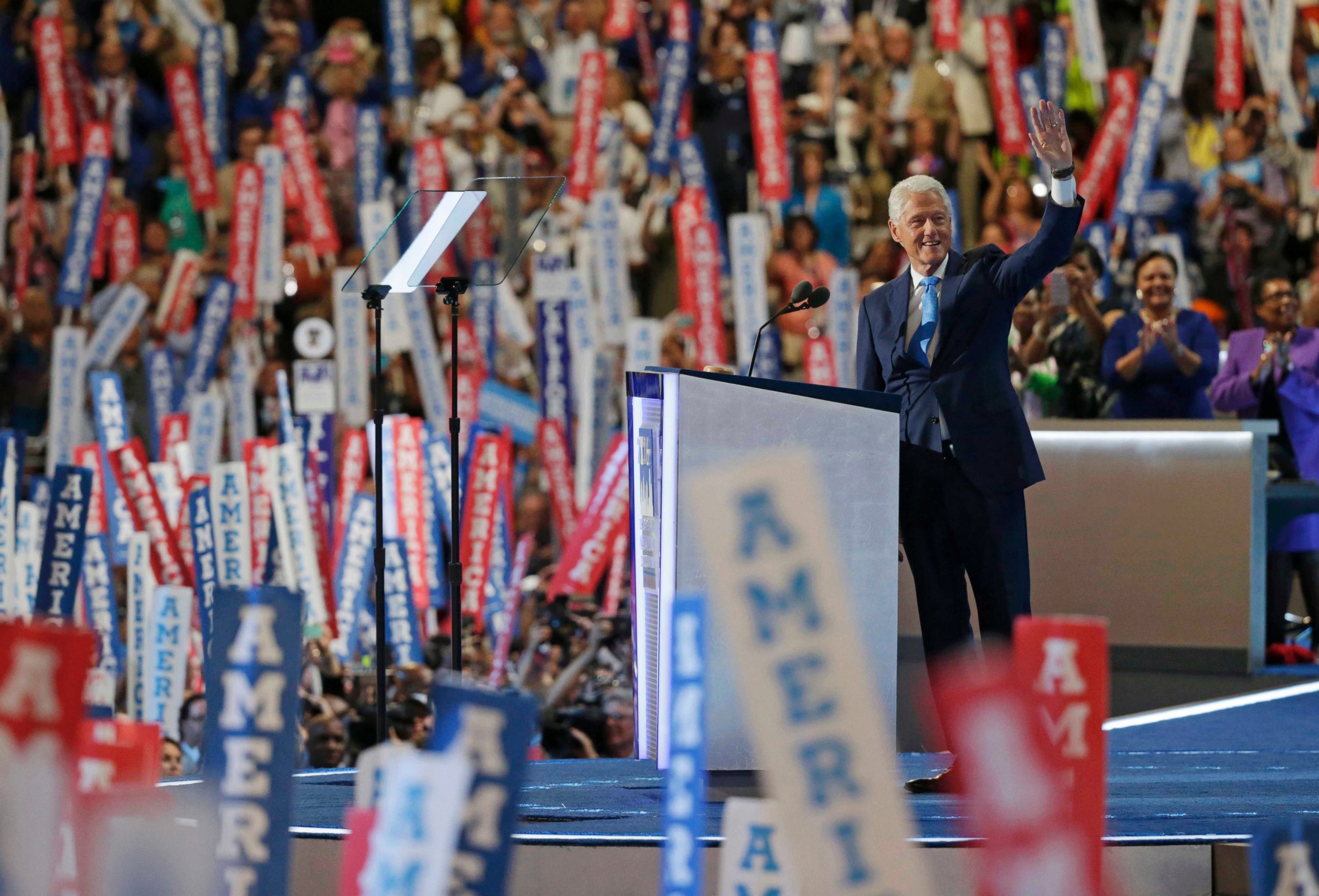 PHOTO: Former President Bill Clinton waves as he takes the stage at the Democratic National Convention in Philadelphia. July 26, 2016.