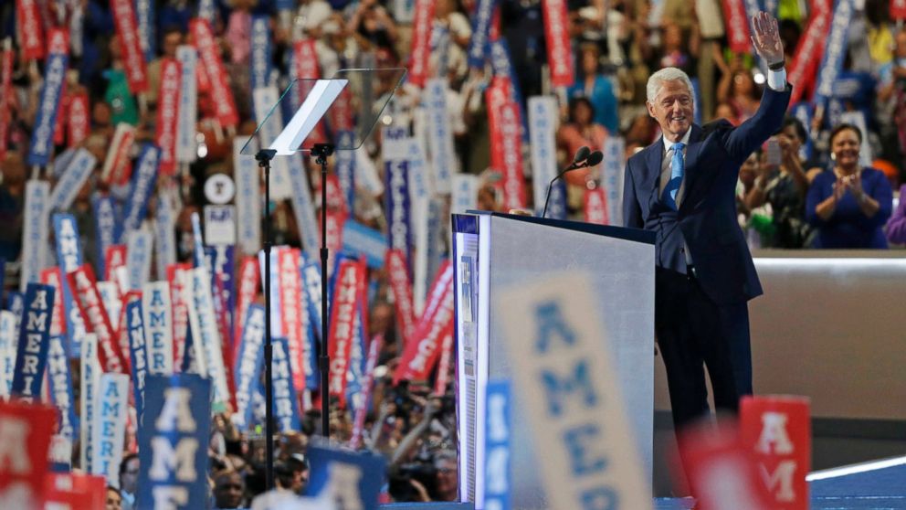 PHOTO: Former President Bill Clinton waves as he takes the stage at the Democratic National Convention in Philadelphia. July 26, 2016.