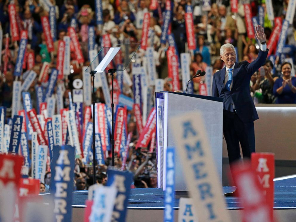 PHOTO: Former President Bill Clinton waves as he takes the stage at the Democratic National Convention in Philadelphia. July 26, 2016.