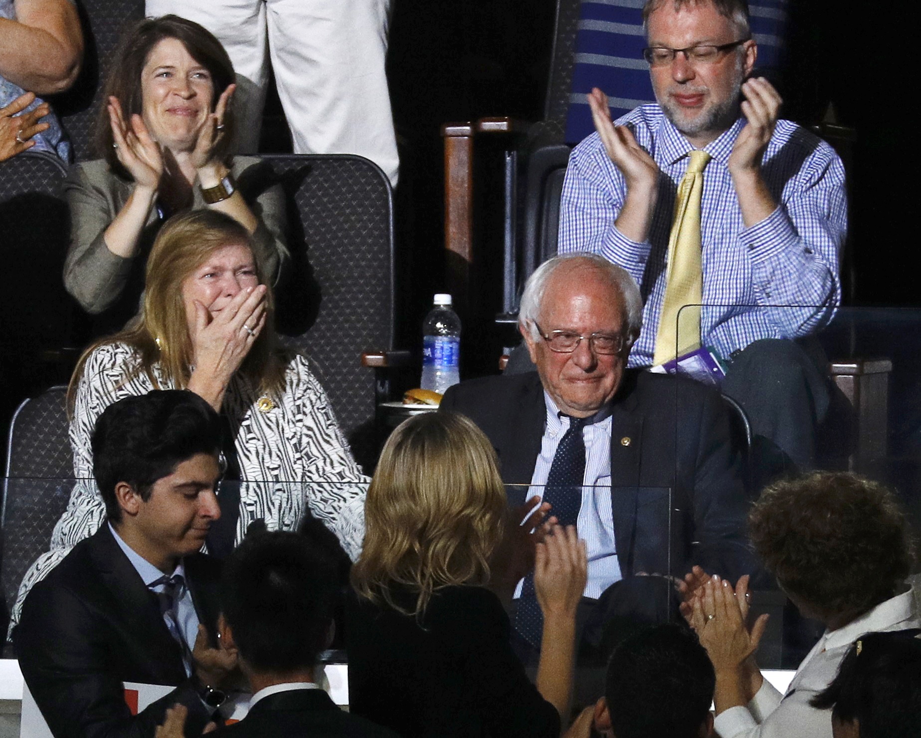 PHOTO: U.S. Senator Bernie Sanders and his wife Jane react to his brother Larry making the presidential nomination roll call for Democrats Abroad at the Democratic National Convention in Philadelphia, July 26, 2016.