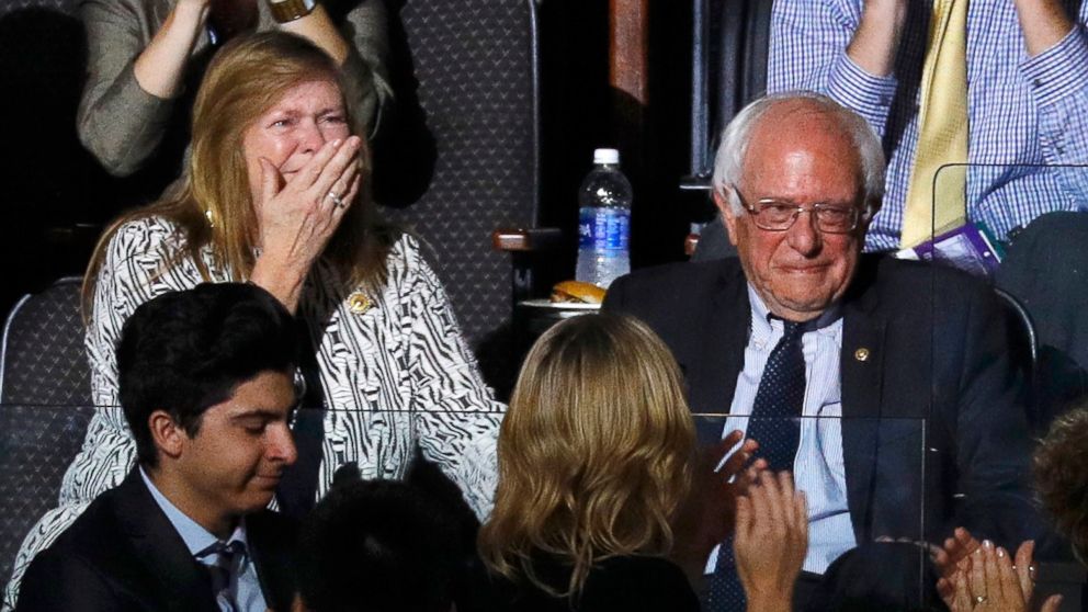 PHOTO: U.S. Senator Bernie Sanders and his wife Jane react to his brother Larry making the presidential nomination roll call for Democrats Abroad at the Democratic National Convention in Philadelphia, July 26, 2016.
