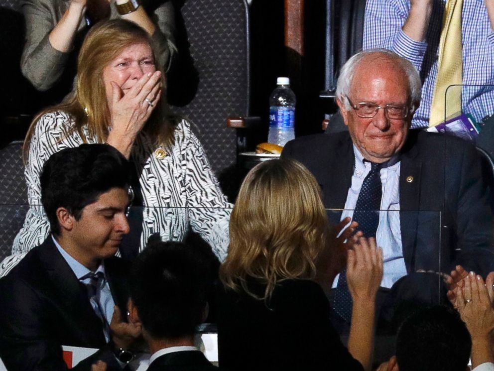 PHOTO: U.S. Senator Bernie Sanders and his wife Jane react to his brother Larry making the presidential nomination roll call for Democrats Abroad at the Democratic National Convention in Philadelphia, July 26, 2016.