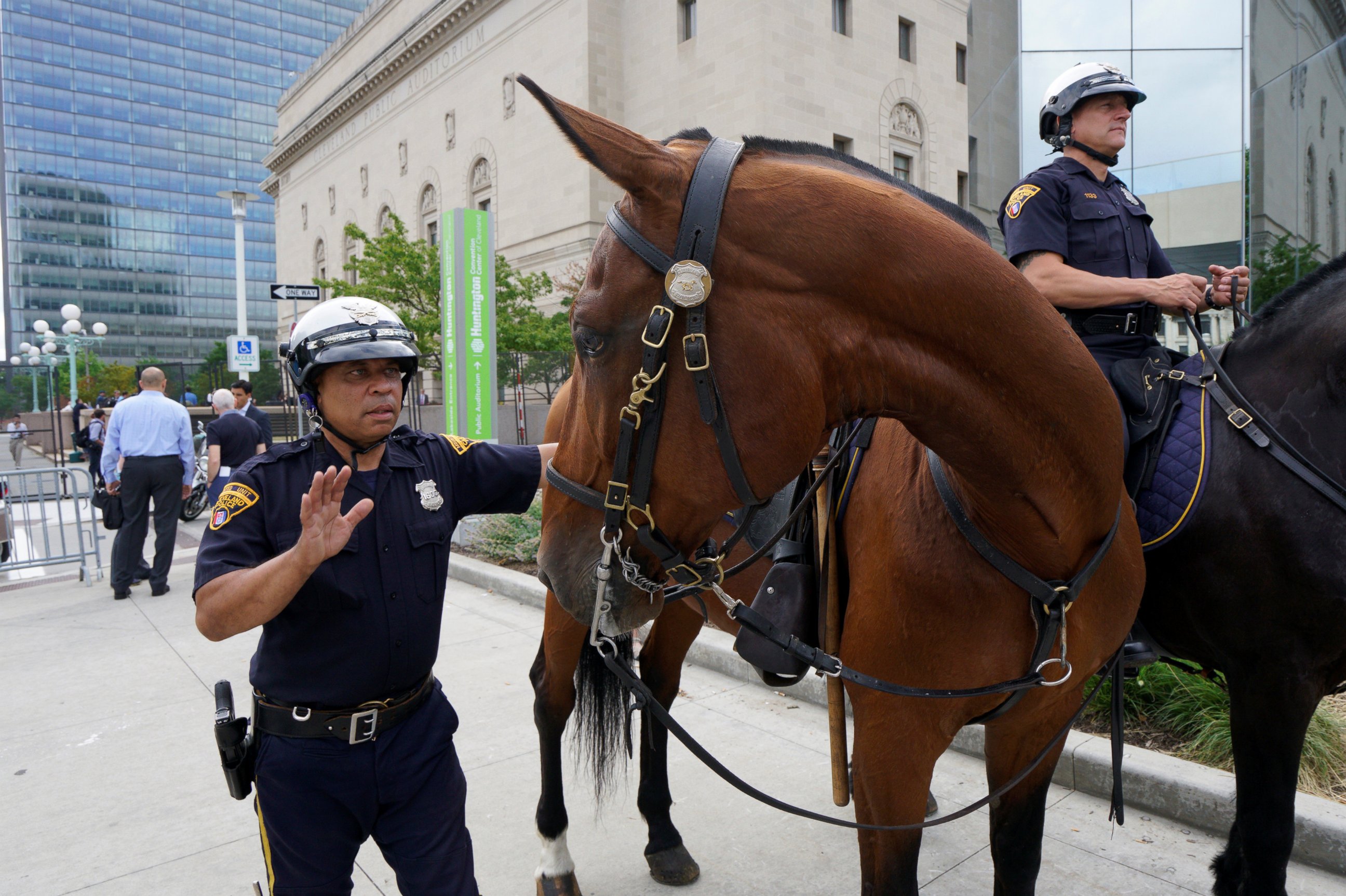 PHOTO: Cleveland mounted police officer Abraham Cortes talks to his horse Paco during a demonstration of police capabilities near the site of the Republican National Convention in Cleveland, Ohio July 14, 2016. 
