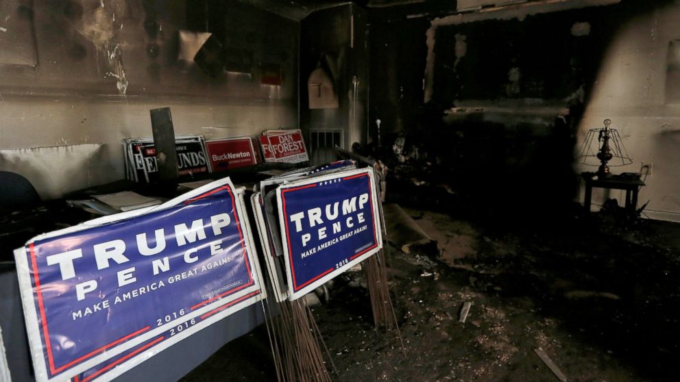 PHOTO: Political signs are seen in the damage caused in a firebomb attack on local offices of the North Carolina Republican Party in Hillsborough, North Carolina, October 17, 2016. 