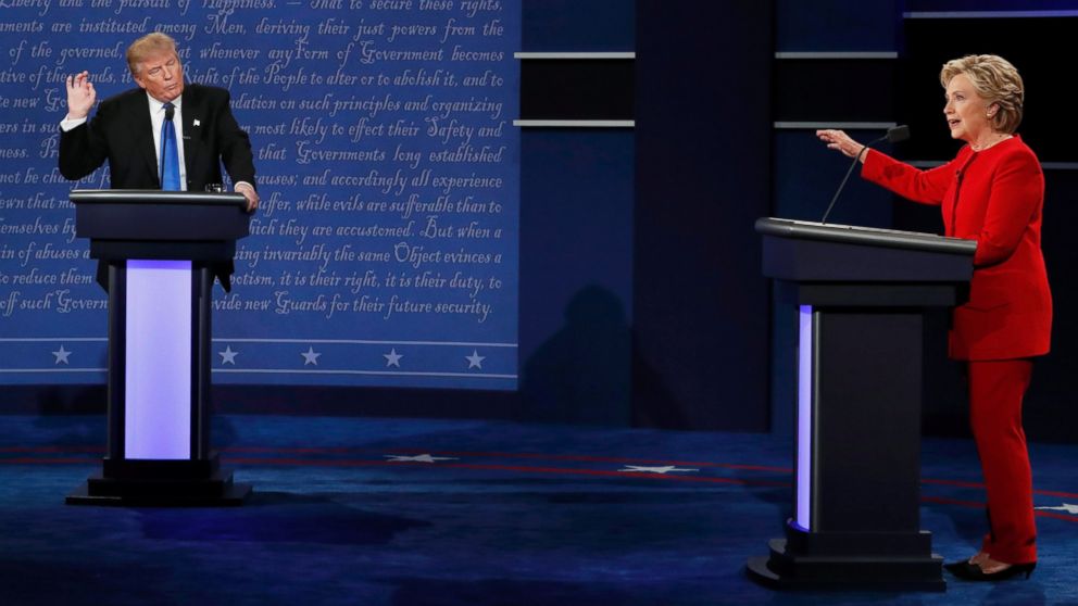 Republican U.S. presidential nominee Donald Trump and Democratic U.S. presidential nominee Hillary Clinton speak during their first presidential debate at Hofstra University in Hempstead, New York, September 26, 2016.  