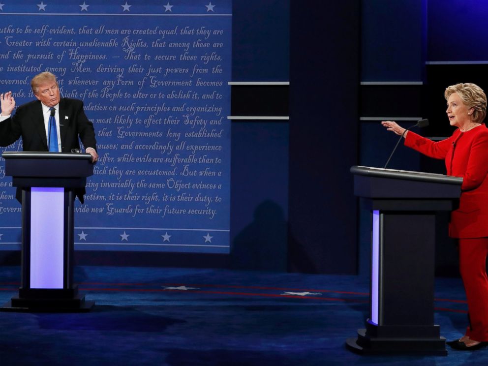 PHOTO: Republican U.S. presidential nominee Donald Trump and Democratic U.S. presidential nominee Hillary Clinton speak during their first presidential debate at Hofstra University in Hempstead, New York, September 26, 2016.