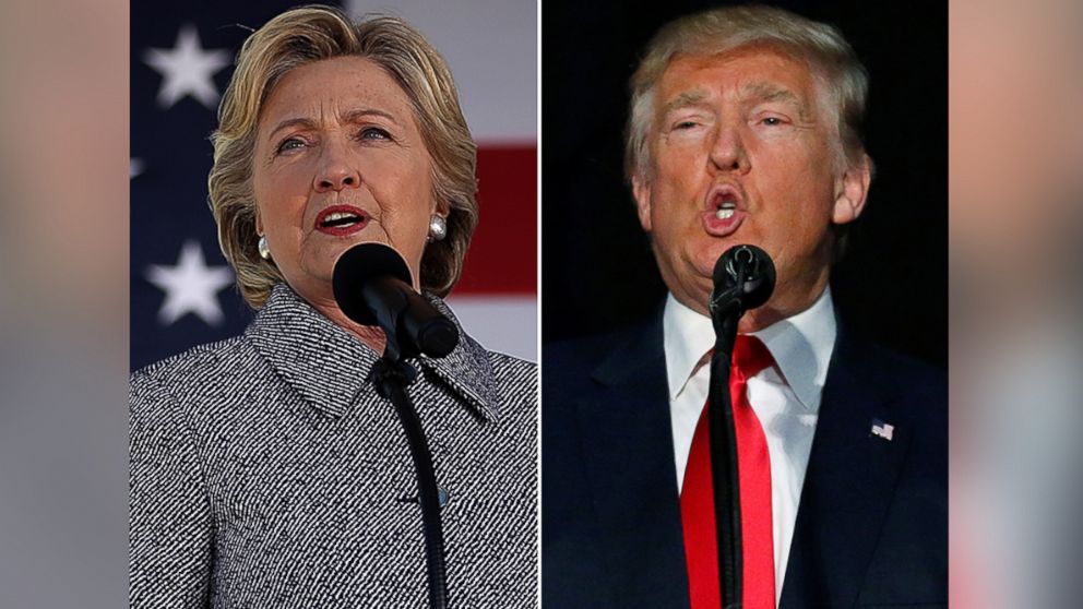 (L-R) Democratic presidential nominee Hillary Clinton in Des Moines, Iowa and Republican presidential nominee Donald Trump in Bedford, New Hampshire are pictured on Sept. 29, 2016.