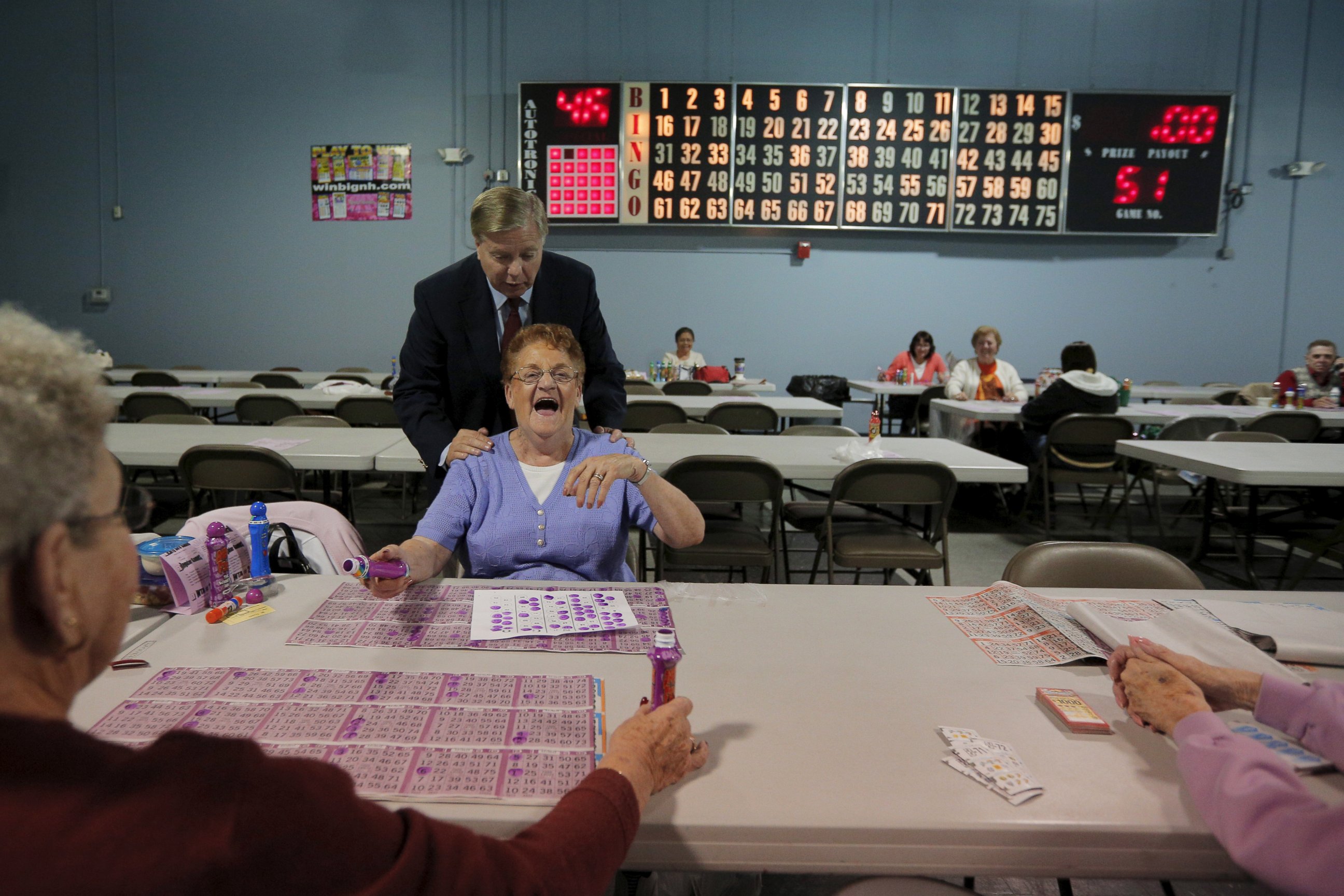 PHOTO:U.S. Republican presidential candidate Lindsey Graham greets Bingo players at the Manchester Bingo Center and Poker Room in Manchester, N.H., Oct. 9, 2015.  