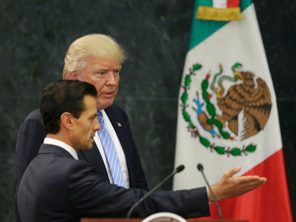 PHOTO: U.S. Republican presidential nominee Donald Trump and Mexicos President Enrique Pena Nieto arrive for a press conference at the Los Pinos residence in Mexico City, on Aug. 31, 2016.