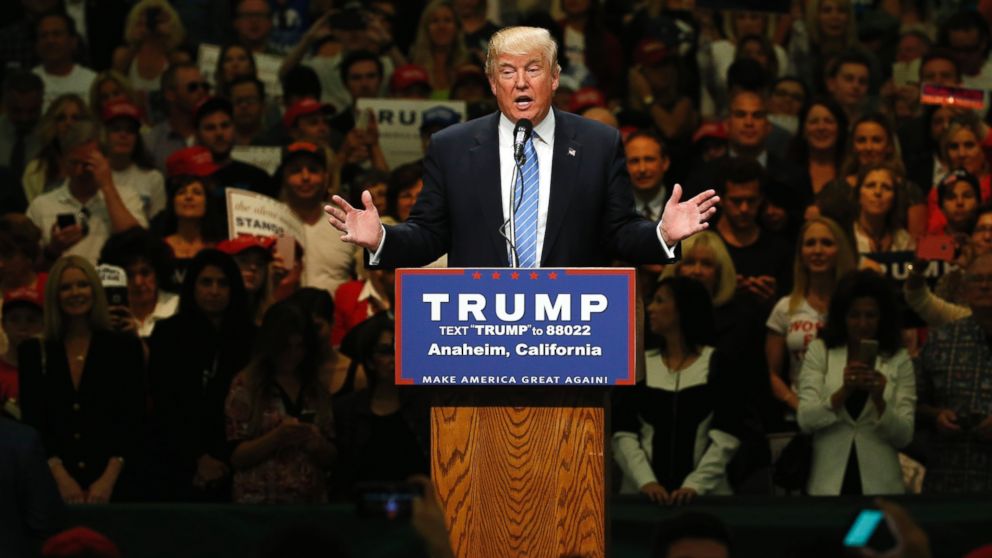 Republican presidential candidate Donald Trump holds a rally with supporters in Anaheim, Calif., May 25, 2016. 