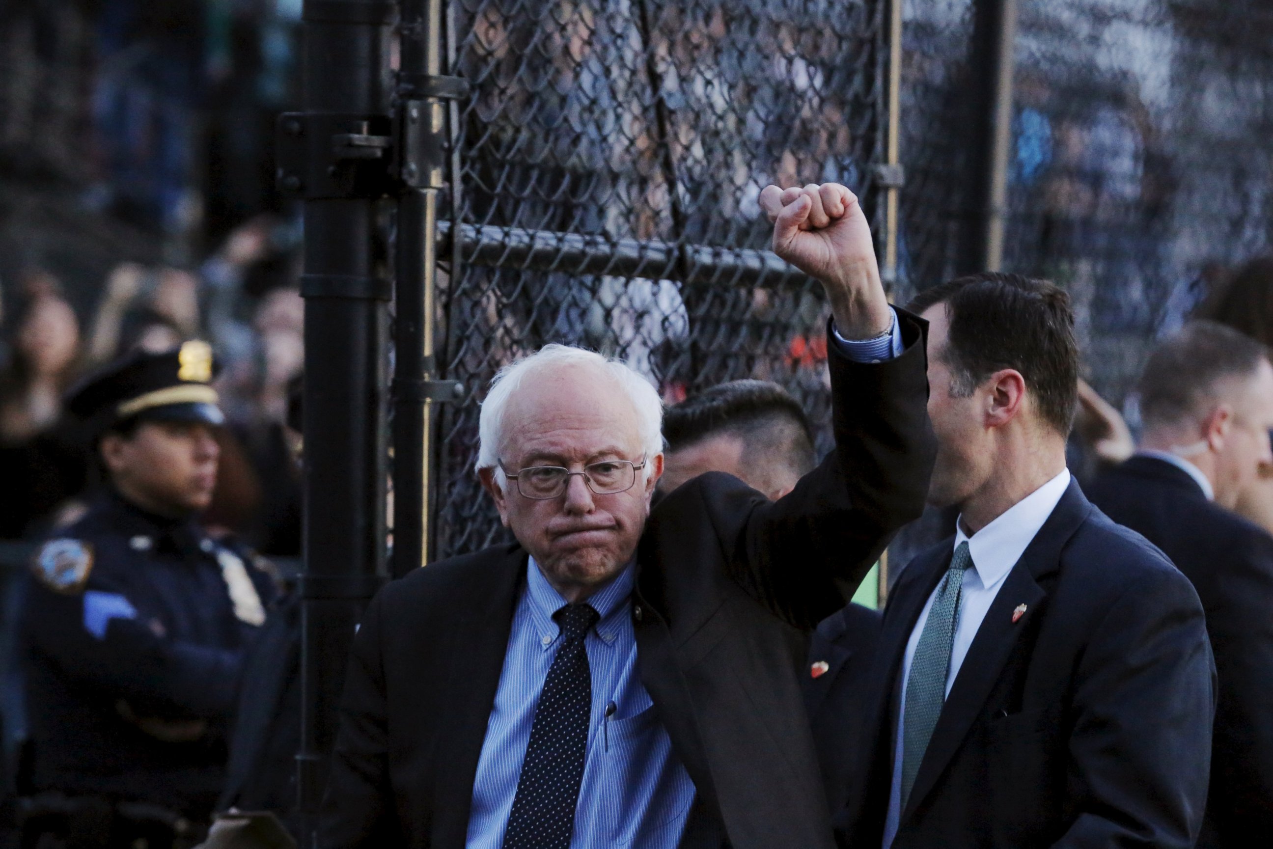 PHOTO: Democratic presidential candidate Bernie Sanders reacts to the crowd after speaking to an overflow crowd at a campaign rally at St Mary's Park in Bronx, New York, March 31, 2016. 