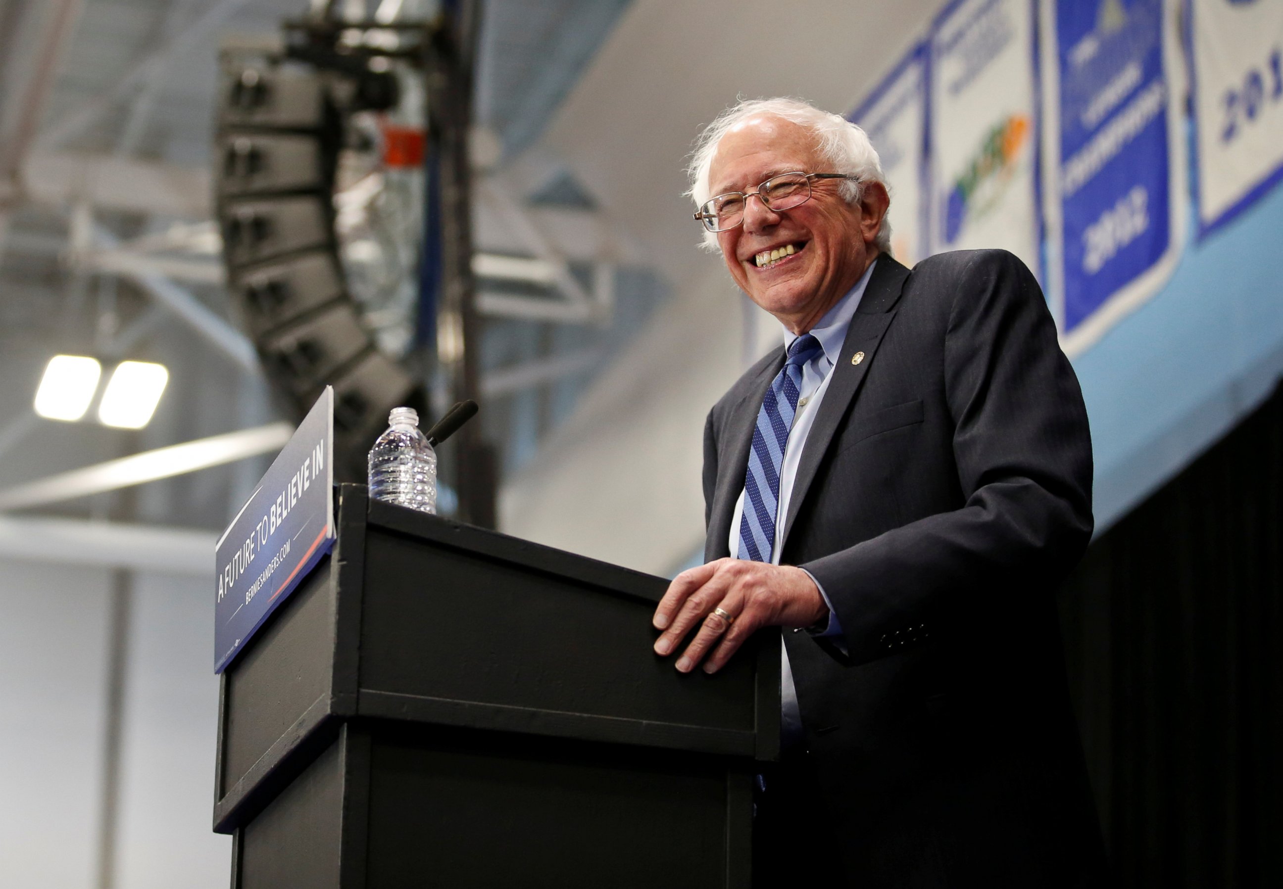 PHOTO: Democratic presidential candidate Bernie Sanders, I-VT, smiles during a campaign rally at the Indiana University-Purdue University Fort Wayne in Fort Wayne, Ind., May 2, 2016. 