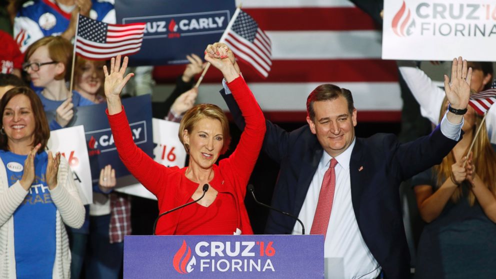 PHOTO: Republican presidential candidate Ted Cruz stands with Carly Fiorina after he announced Fiorina as his running mate at a campaign rally in Indianapolis, April 27, 2016.