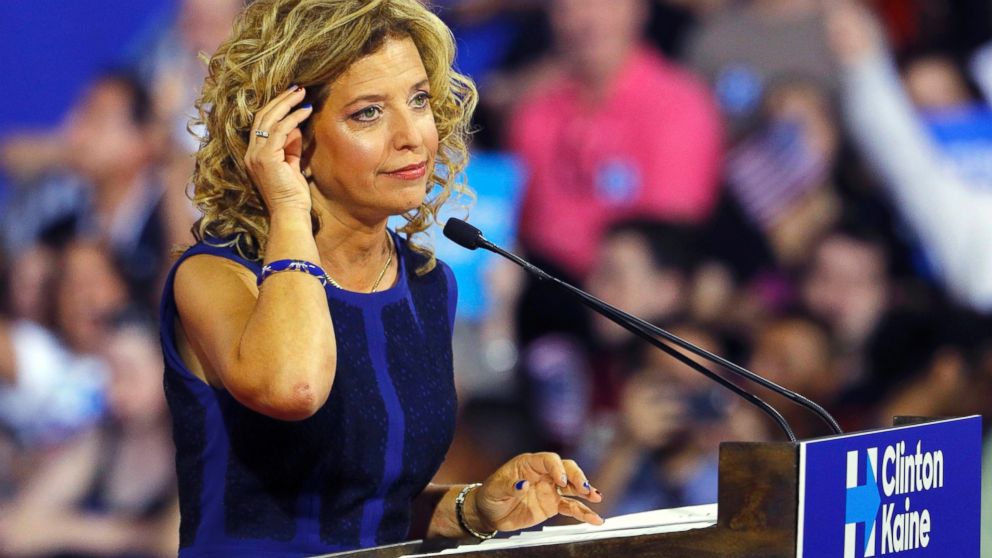 PHOTO: Democratic National Committee (DNC) Chairwoman Debbie Wasserman Schultz speaks at a rally, before the arrival of Democratic presidential candidate Hillary Clinton and her vice presidential running mate Sen. Tim Kaine, in Miami, July 23, 2016.   