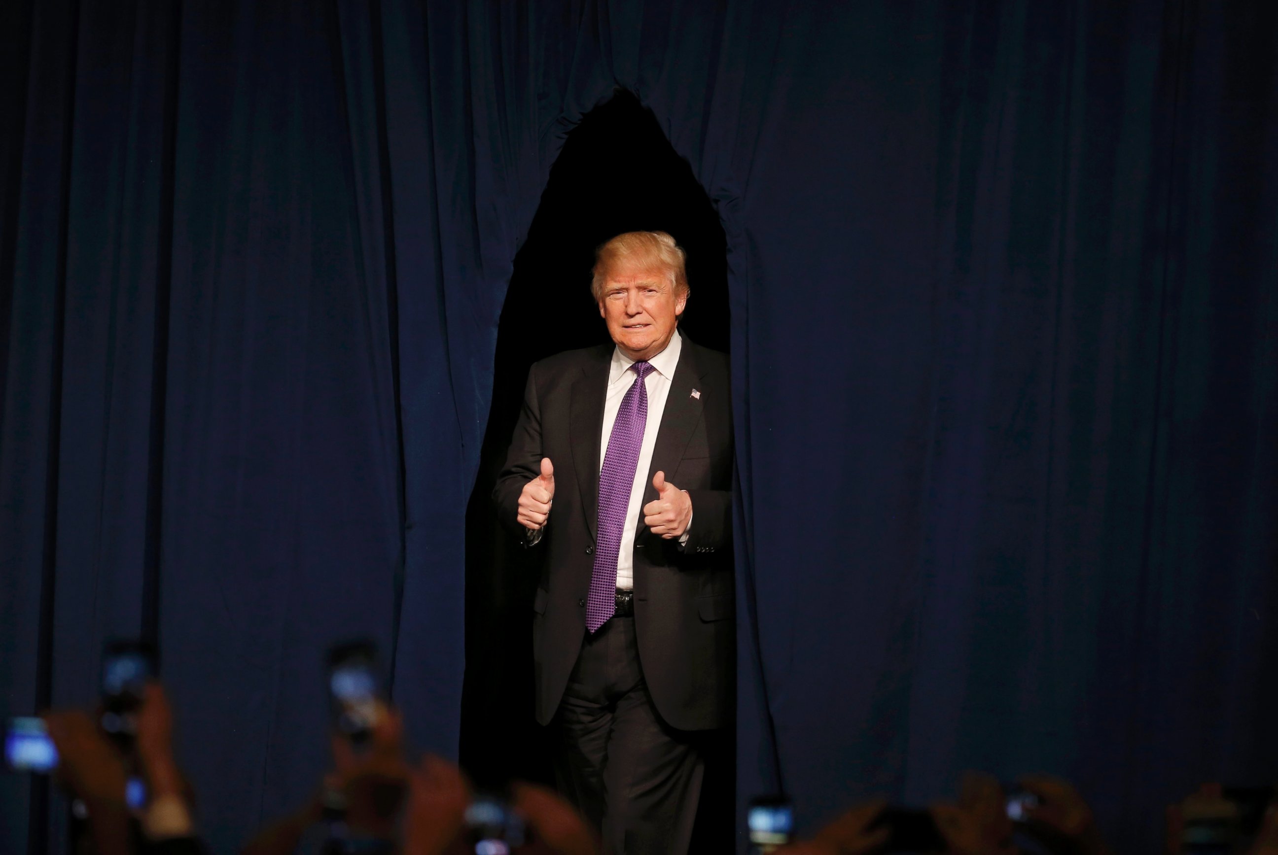 PHOTO: Republican presidential candidate Donald Trump arrives to address supporters after being declared by the television networks as the winner in the Nevada Republican caucuses at his caucus night rally in Las Vegas, Feb. 23, 2016.