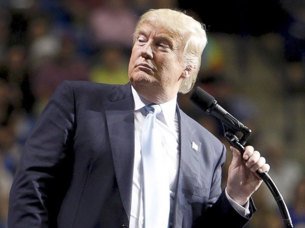 PHOTO: Donald Trump pauses to look at a demonstrator behind him during a campaign rally in Fayetteville, North Carolina, March 9, 2016.