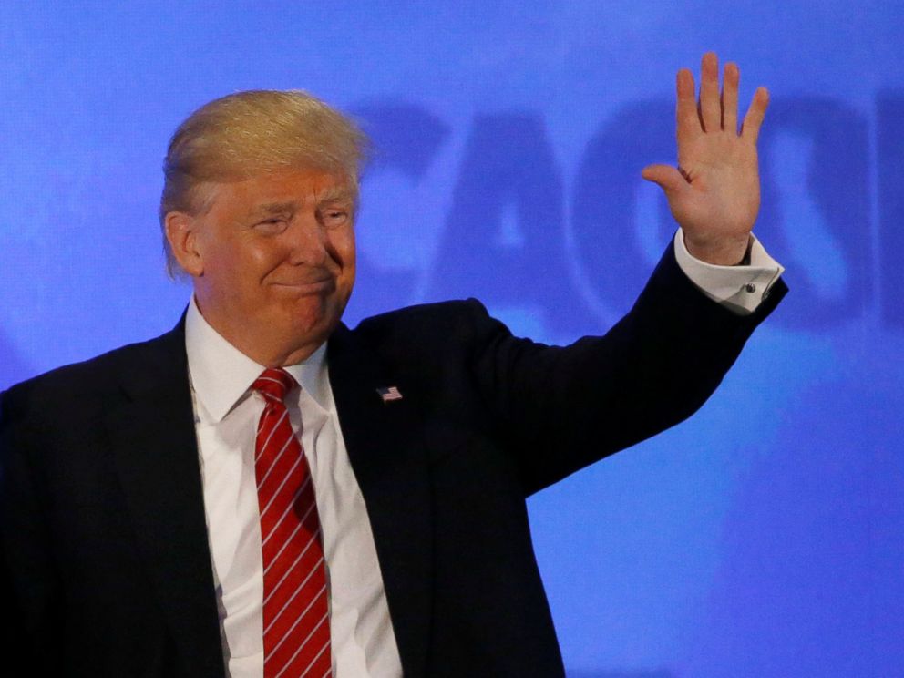 PHOTO: Republican presidential candidate Donald Trump waves as he arrives to speak at the California GOP convention in Burlingame, Calif., April 29, 2016. 