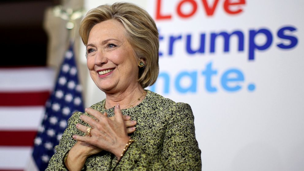 Democratic presidential candidate Hillary Clinton reacts after speaking at a campaign event at Temple University in Philadelphia, Sept. 19, 2016. 