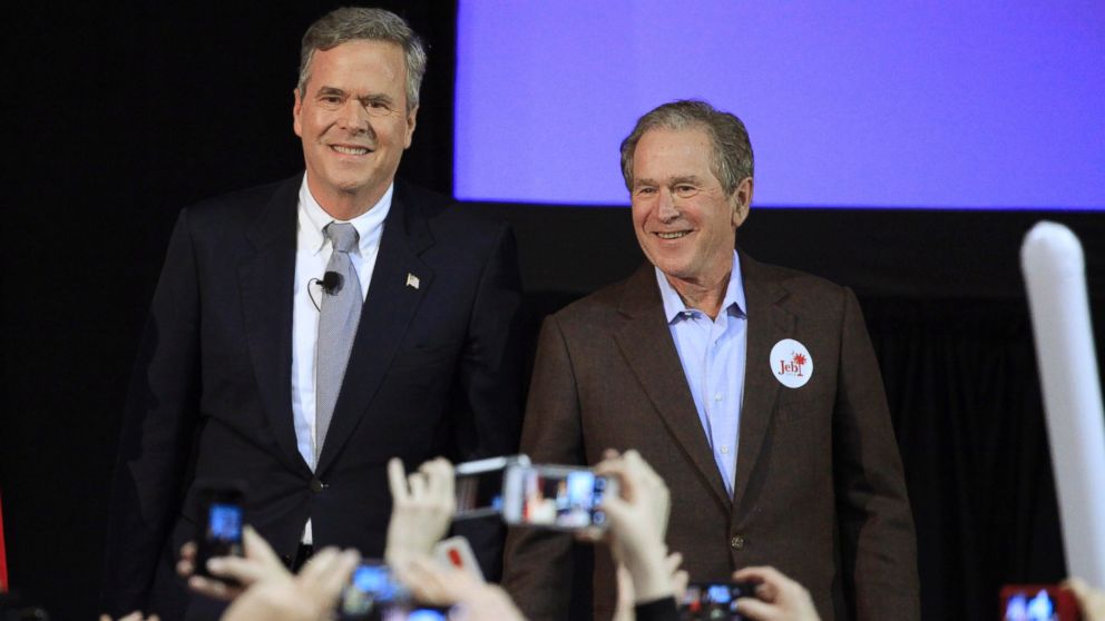 Jeb Bush is joined by his brother former President George W. Bush on the campaign trail for the first time in the 2016 campaign at a rally in North Charleston, South Carolina, Feb. 15, 2016. 