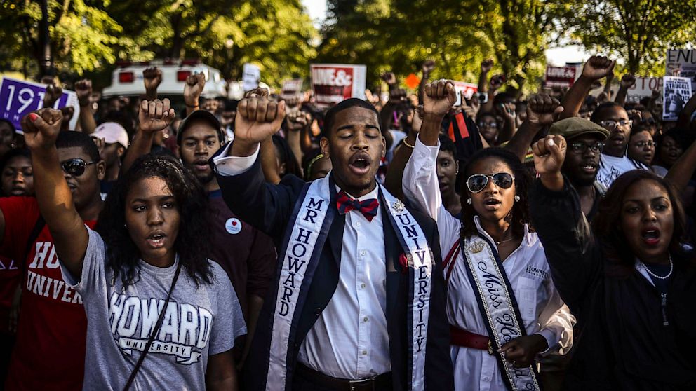 PHOTO: Howard University students participate in the Realize the Dream Rally for the 50th anniversary of the the March on Washington