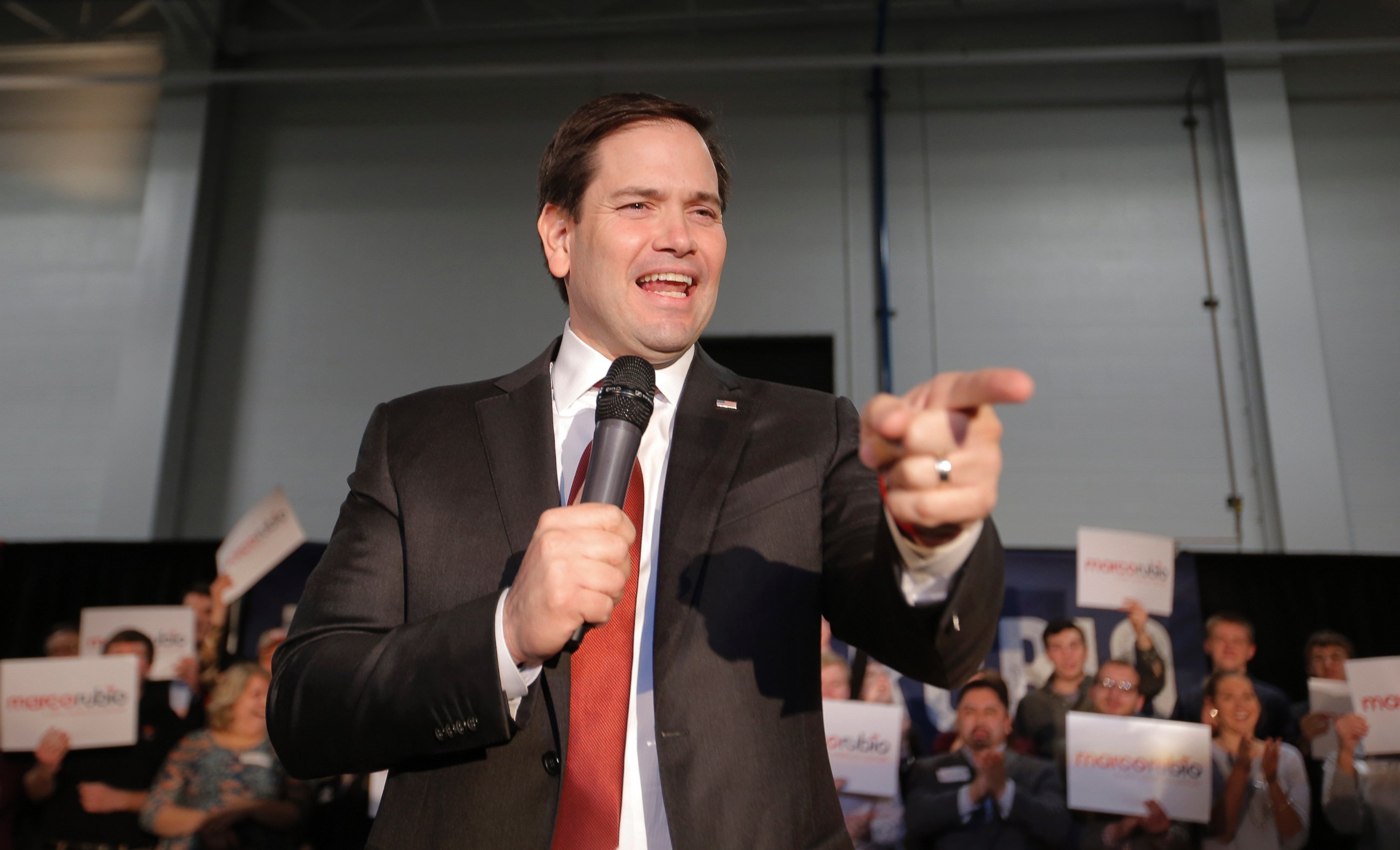 PHOTO:Marco Rubio gestures as he speaks at a campaign event during the night of the Nevada Republican caucus night at Lacks Enterprises in Grand Rapids, Mich., Feb. 23, 2016.  