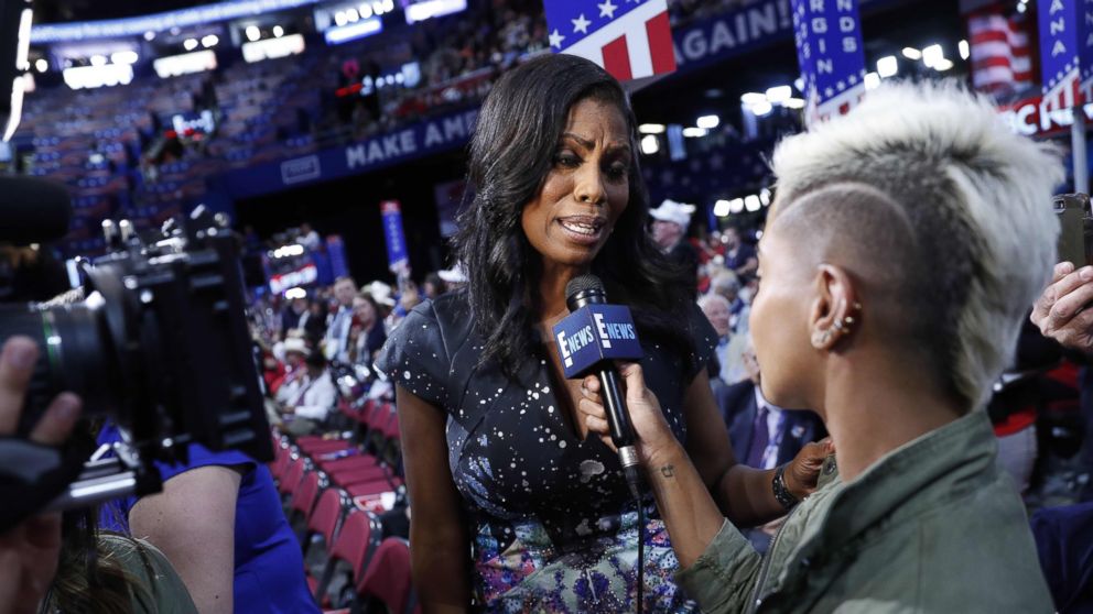 PHOTO: Television personality Omarosa is interviewed during the second day of the Republican National Convention in Cleveland, Ohio, July 19, 2016. 