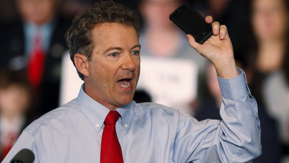 Senator Rand Paul, R-KY, a 2016 Republican White House hopeful, gestures with his cell phone as he speaks at a campaign event in Milford, N.H., April 8, 2015.