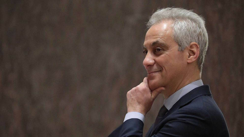 PHOTO: Chicago Mayor Rahm Emanuel reacts to aldermanic speeches in his honor during a city council meeting, April 10, 2019.